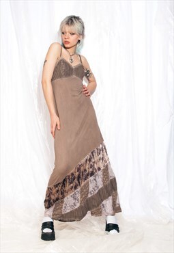 Vintage Dress Y2K Boho Patchwork Maxi in Brown Cotton