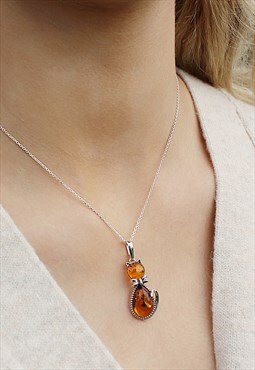 Sterling Silver Cat necklace set with Amber