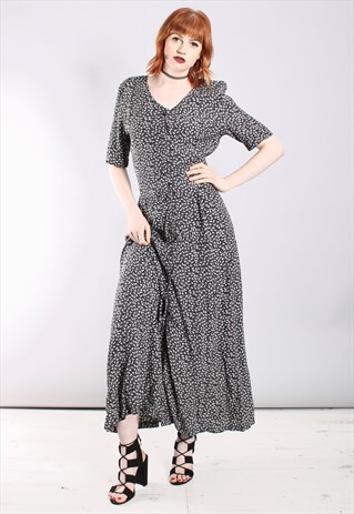 VINTAGE 80S FLORAL PRINT TIE BACK BUTTON MAXI DRESS