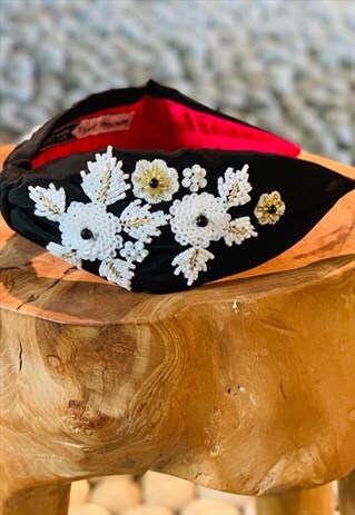 HAIR ACCESSORIES, HANDMADE BLACK HEADBAND, KNOT BEADED BAND