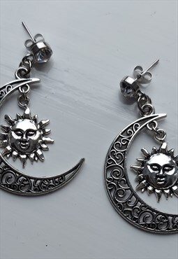 Sun and Moon Tibetan Silver Drop Earrings 