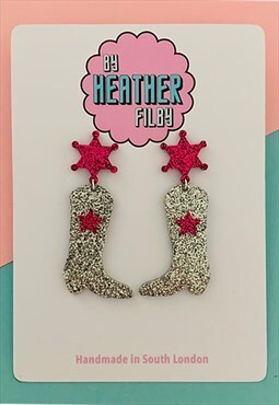 Silver and Pink Cowboy Boot Glitter Earrings