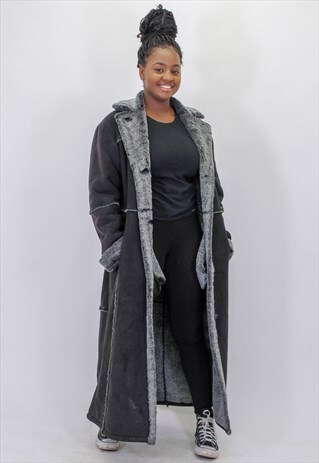 VINTAGE LONGLINE FAUX FUR SHEARLING COAT IN BLACK M/L