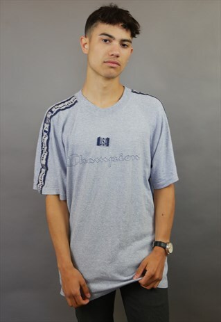 GREY BLUE MARL CHAMPION SPELL OUT TAPED T-SHIRT