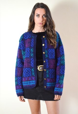 80S VINTAGE BLUE SOFT FLUFFY PATTERN KNIT CARDIGAN