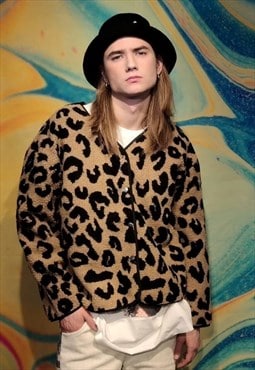 Leopard fleece cardigan y2k animal print jumper in brown