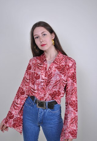 VINTAGE HAWAII PINK SHIRT, 90S FLORAL PRINT WOMEN BLOUSE