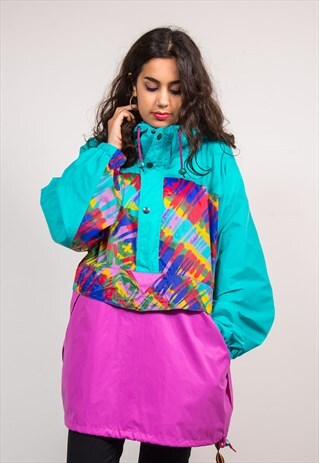 90'S VTG K-WAY WAVEY PATTERN HALF ZIP CAGOULE JACKET COAT