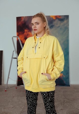 VINTAGE 90S OVERSIZED HALF ZIP WINDBREAKER JACKET IN YELLOW