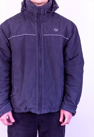 VINTAGE FRED PERRY FLEECE LINED JACKET IN BLACK LARGE