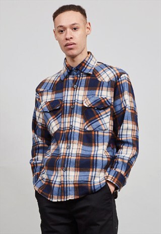 VINTAGE 90'S ORANGE AND BLUE TARTAN FLEECE SHIRT