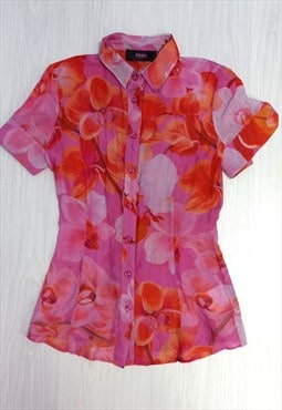 90's Vintage Shirt Pink Orange Floral Short Sleeve
