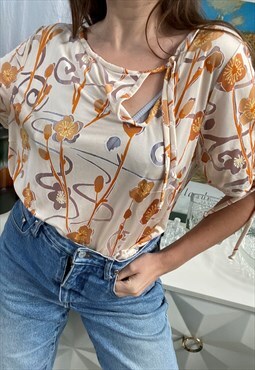 Vintage 50s botanica print longline blouse top tee t-shirt