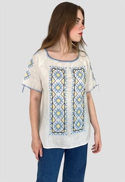 70's Vintage Ladies White Hand Embroidery Blue Blouse