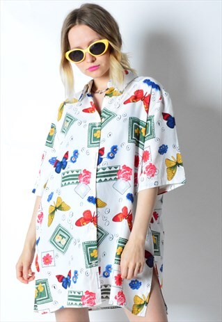 VINTAGE 90S WHITE COLOURFUL BUTTERFLY SUMMER SHIRT