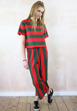 RED N GREEN QUEEN STRIPED CROP PANTS & BOX TOP CO-ORDINATES