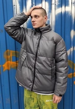 PU leather quilted bomber rubber padded puffer jacket grey