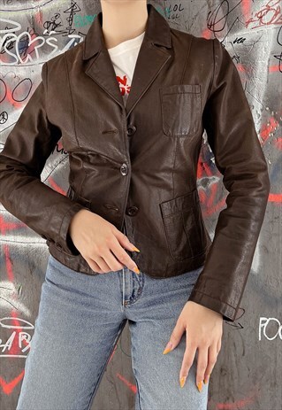 VINTAGE Y2K FITTED STRAIGHT COLLAR BROWN LEATHER JACKET XS