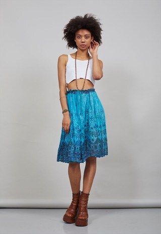 70'S VINTAGE ELECTRIC BLUE GEOMETRIC PRINT MIDI BOHO INDIAN