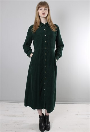 VINTAGE 80S GREEN LONG CORD SHIRT DRESS
