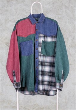 Vintage Patchwork Denim Corduroy Flannel Check Shirt Large