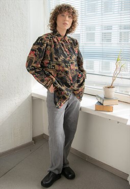 intage 80's Black Floral Print Puff Sleeved Blouse