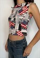 Y2K VINTAGE USA AMERICA FLAG NEWS PRINT CROP TOP