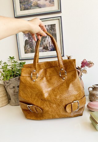 VINTAGE 70S HAUTE BOHEME FAUX LEATHER TAN BAG PARISIAN CHIC