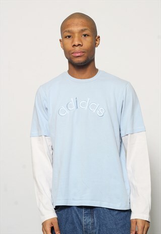 VINTAGE ADIDAS BIG SPELL OUT LOGO T-SHIRT DOUBLE SLEEVE BLUE
