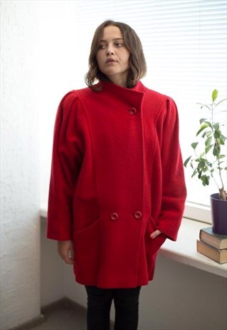 VINTAGE 80'S RED HIGH COLLAR PUFF SLEEVED WOOL COAT