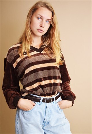 70'S RETRO VELVET STRIPED OVERSIZED JUMPER SWEATER TOP