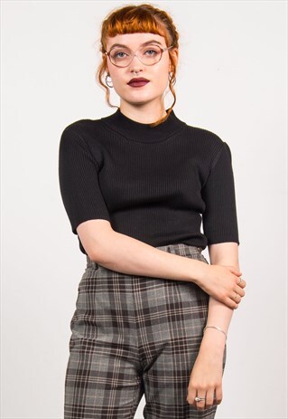 VINTAGE 70'S BLACK RIBBED KNIT HIGH-NECK TOP