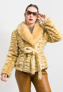 Vintage fluffy faux fur jacket animal pattern women size M/L