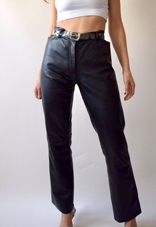 VINTAGE 90S BLACK LEATHER HIGH WAISTED STRAIGHT LEG TROUSERS