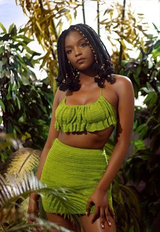 GREEN CROCHET CROP TOP WITH FRILLS AND ADJUSTABLE STRAPS