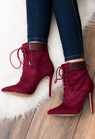 RIPLEY LACE UP HIGH HEEL STILETTO ANKLE BOOTS - BURGUNDY