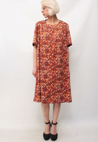 VINTAGE 70' BEAUTIFUL AMAZING MIDI FLOWER ORANGE RED DRESS