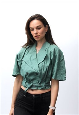Pastel Green Linen Cropped Short Sleeve Jacket Top S M 
