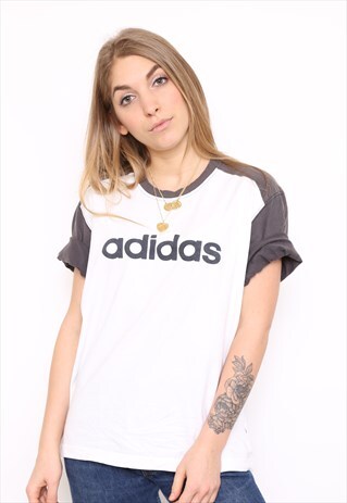 VINTAGE ADIDAS WHITE GREY LOGO TOP T-SHIRT