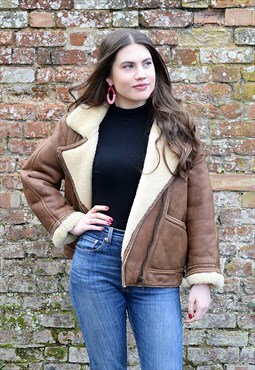 Vintage Shearling Aviator Flying Jacket in Brown Leather