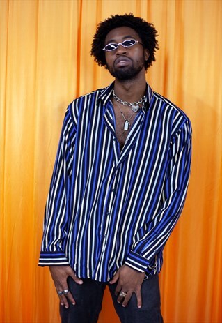 VINTAGE 90S SHIRT BLUE BLACK CREAM STRIPED LONG SLEEVED