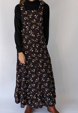 Vintage Long Black Floral Pinafore Dress