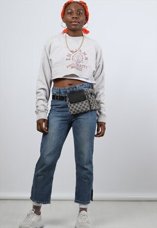 VINTAGE CHAMPION MEDIUM GREY PRINTED CROPPED SWEATSHIRT