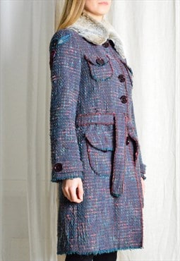 Y2K Colourful Tweed Flower Faux Fur Collar Wool Trench Coat