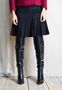 Y2K Black Bow Wool Blend Grunge Pleated Mini Skirt