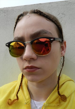 ORANGE GREEN WAFER REFLECTIVE WOODEN FRAME SUNGLASSES