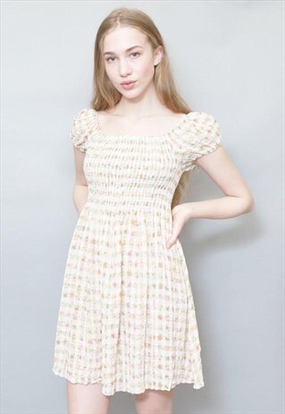 VINTAGE 1990'S PRETTY OFF THE SHOULDER FLORAL MINI DRESS