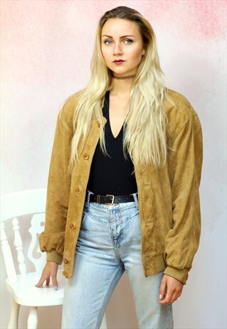 1980S VINTAGE LIGHT TAN REAL SUEDE OVERSIZED BOMBER JACKET