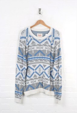 Vintage Knitted Jumper Aztec Pattern Blue/White XL