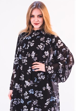 BLACK MULTI FLORAL PRINT CHIFFON MAXI FLOWY SHIRT DRESS